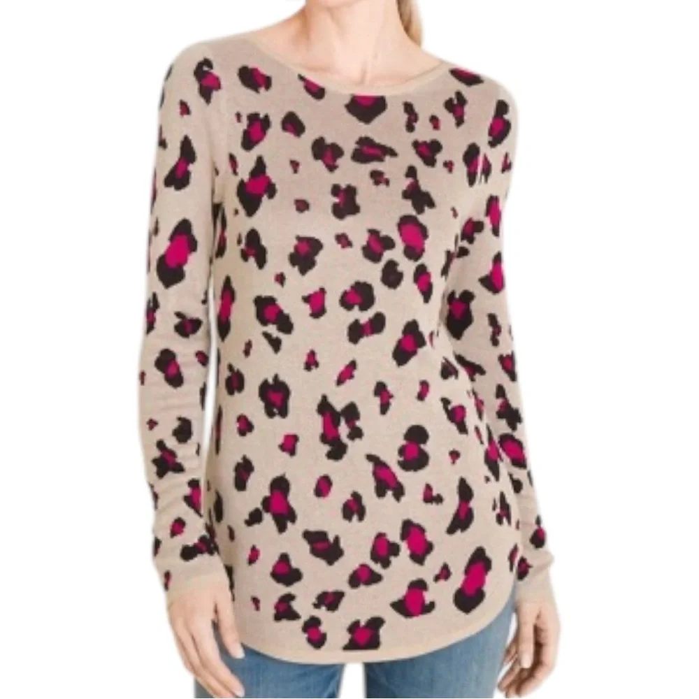 Chico's Textured Tan Pink Leopard Print Bateau-Neck Sweater, Size: 2